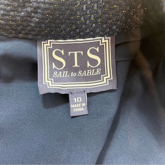 Sail to Sable Navy Blue Gold Metallic Tweed Fringe Tunic Shift Dress Size 10 - Picture 10 of 14